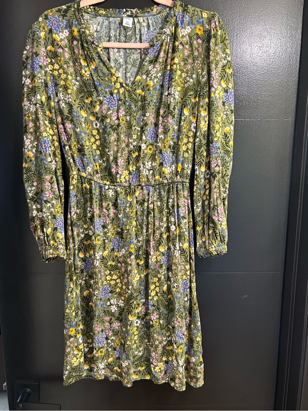 Old Navy Olive Green Floral V-Neck Long Sleeve Dress with Blue & Yellow Blooms